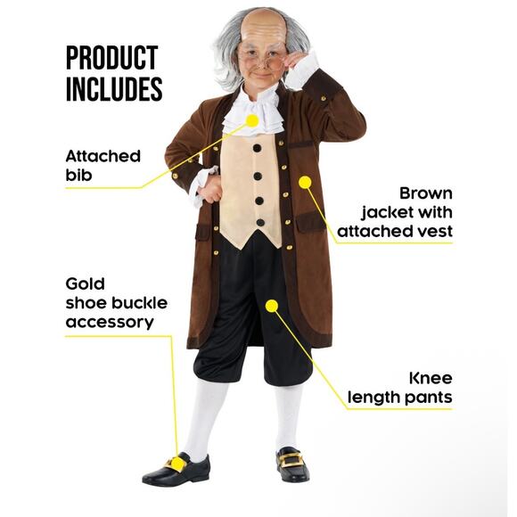 Boy's Benjamin Franklin Costume Hamilton President's Day Sz L 10-12 - Picture 2 of 3